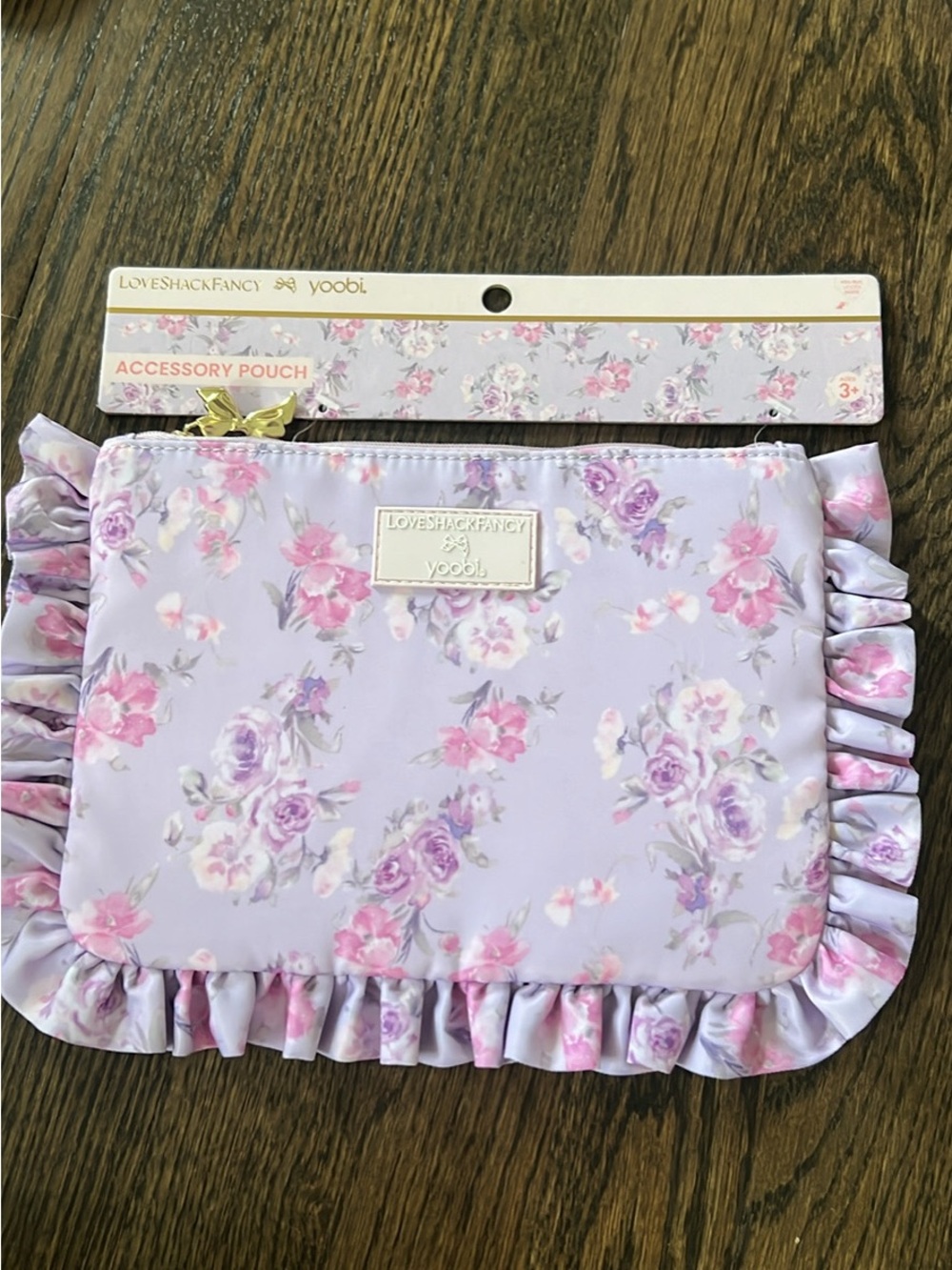 LoveShackFancy Lavender Floral Ruffled Accessory Pouch with Gold Accent